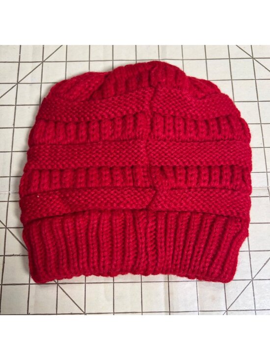 Luxury Knit Red Beanie With Faux Leather Patch & Gold Rivet Accents